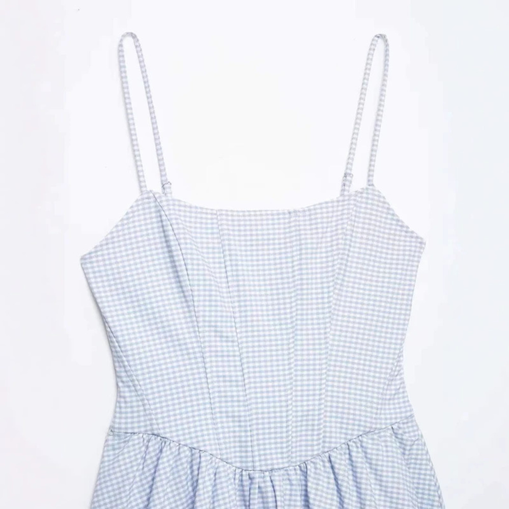 ZARA Summer Blue White Gingham Fitted Waist Spaghetti Strap Dress